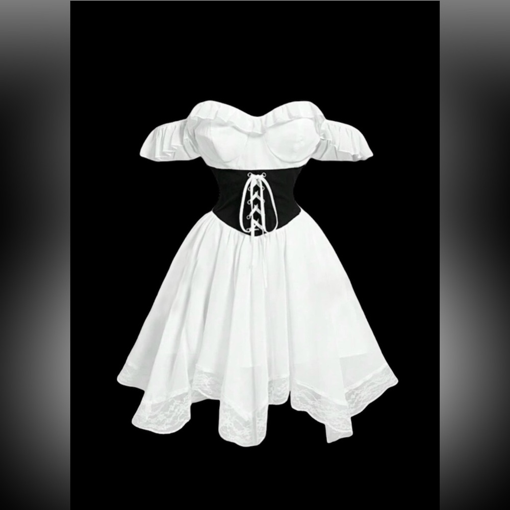 Black & White Patchwork Ribbon Off-Shoulder Women's Dress
